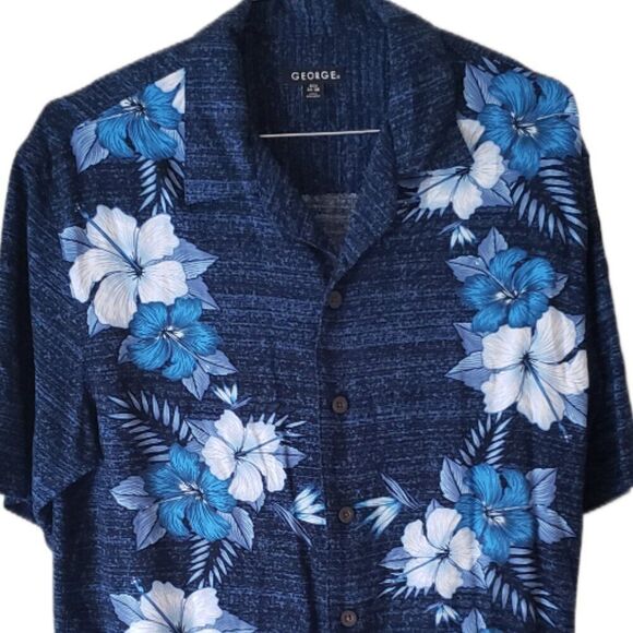 George Navy Blue Floral Hawaiian Short Sleeve Button Up Shirt - Picture 2 of 4